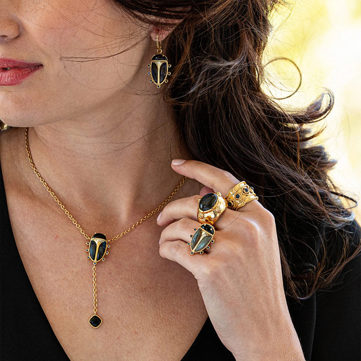 Scarab Petite Drop Earrings in Lab,Black Agate