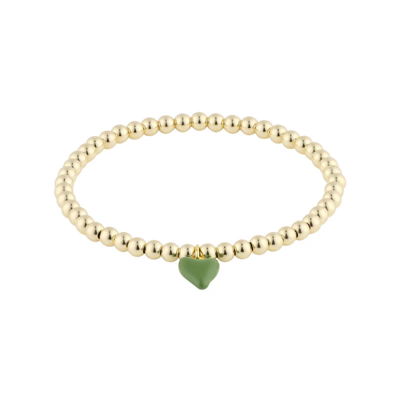 Bead Bracelet with Mini Green Enamel Heart Charm