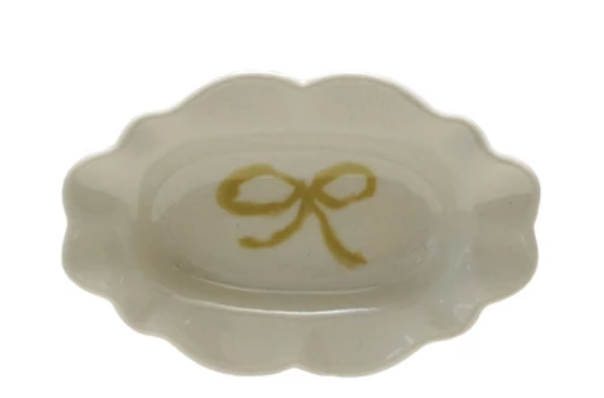 Stoneware Scalloped Dish with Bow, 4 Colors