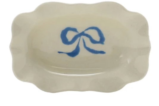 Stoneware Scalloped Dish with Bow, 4 Colors