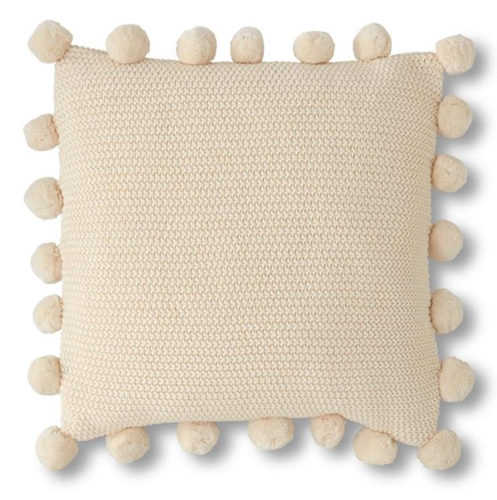20 Inch Cream Moss Stitch Knit Pillow w/Pompom Trim