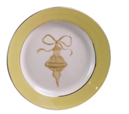 Stoneware Plate with Ornament Image & Electroplated Edges, 4 Styles