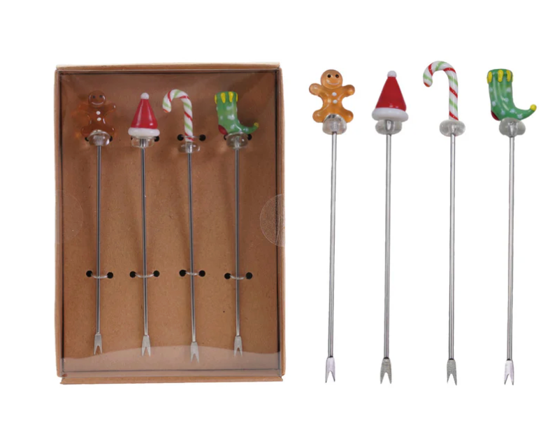 Appetizer Picks with Hand-Blown Glass Icons, Boxed Set of 4
