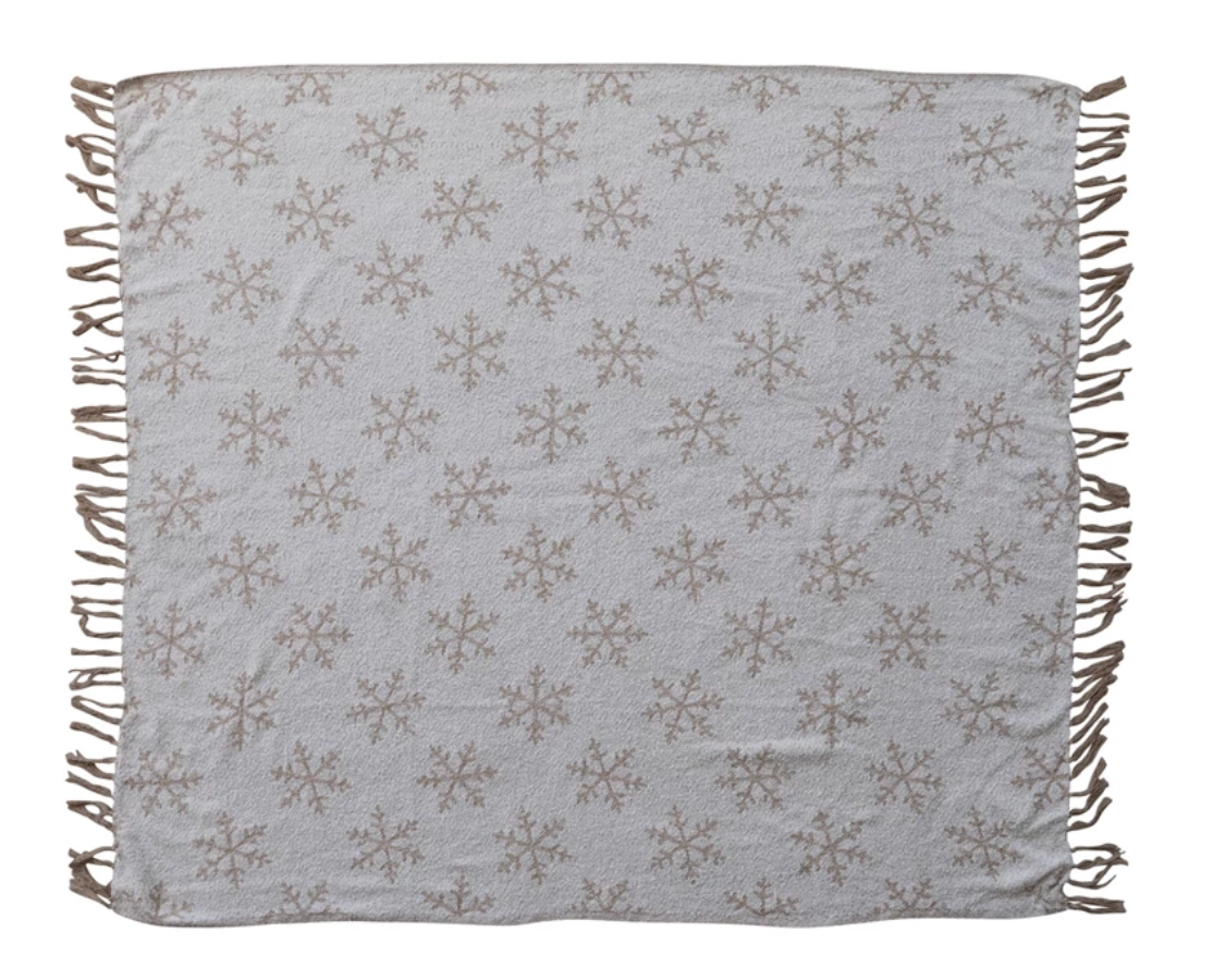Woven Recycled Fabric Jacquard Throw with Snowflake Pattern & Fringe