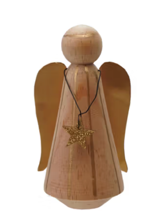 Pine Wood & Metal Wire Angel with Stripes, Star & Glitter