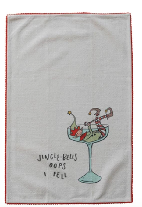 Tea Towel with Holiday Icon, Tipsy Saying & Pom Pom Trim, 4 Styles