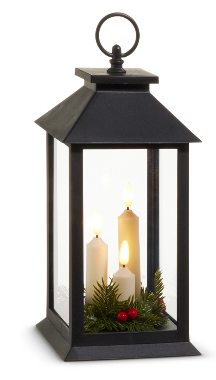12" Lantern with Candles and Greenery