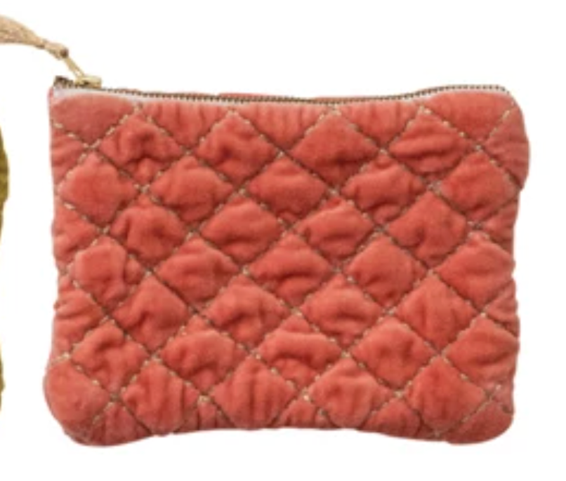 Quilted Cotton Velvet Zip Pouch w/ Metallic Thread Embroidery & Tassel, 6 Colors
