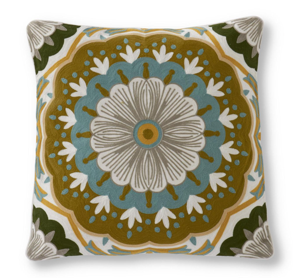 19 Inch Square Hand Embroidered Multi-color Medallion Print PIllow