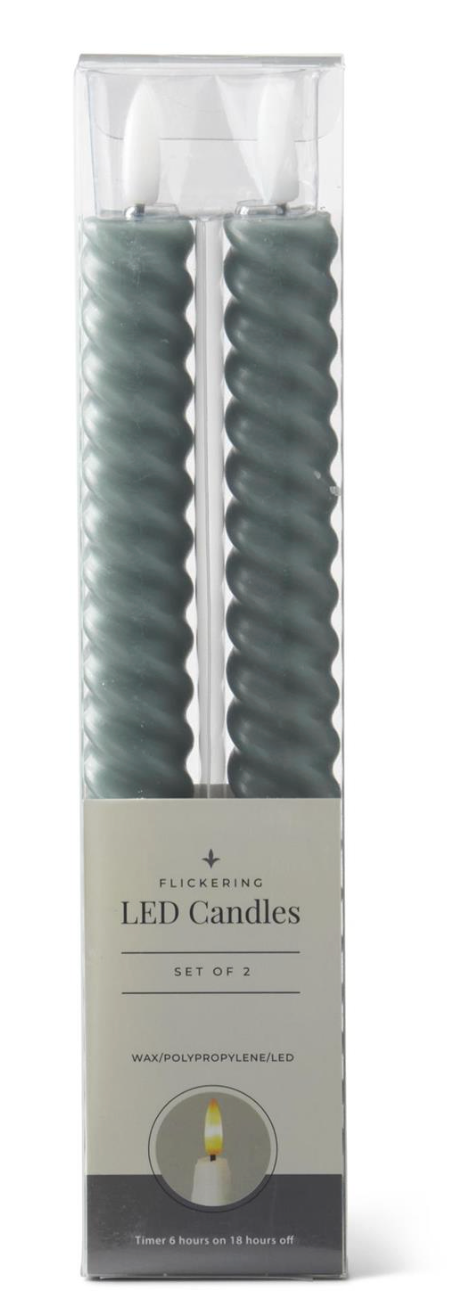 Set of 2 9.75 Inch Dark Green Spiral LED Taper Candles w/Timers
