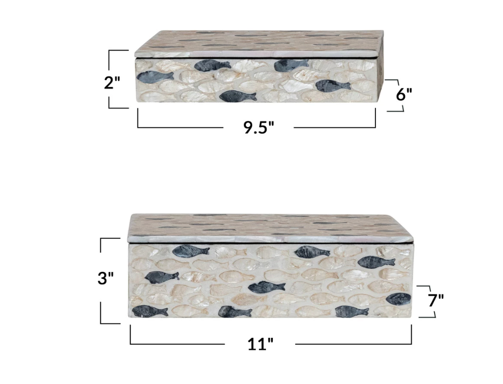 MDF & Capiz Boxes w/ Inlaid Fish, Natural & Charcoal Color- 2 sizes