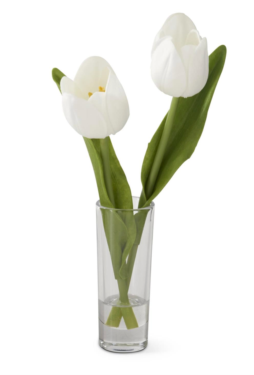 8.5 Inch White Real Touch Double Tulip Premade in Glass Vase w/Faux Water