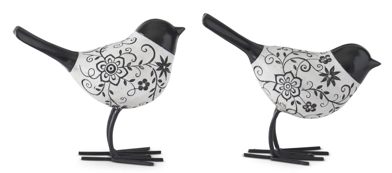 Assorted 4.5 Inch Black & White Carved Resin Birds w/Metal Feet (2 Styles)