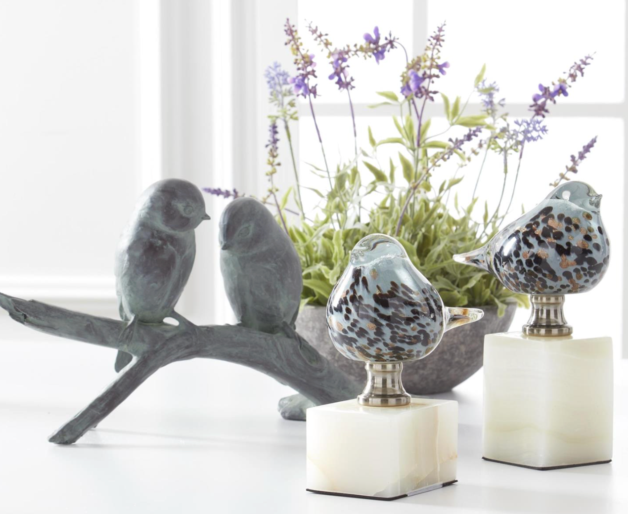 Blue Glass Birds on White Square Marble Bases (2 Styles)