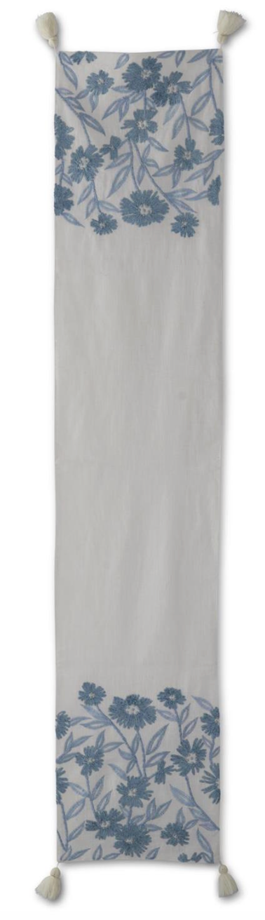 72 Inch White Linen & Blue Embroidered Floral Table Runner