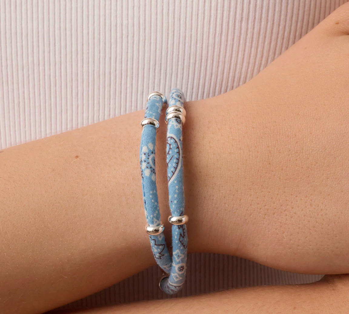 Paisley Bandana Wrap Bracelet- Chambray/Silver