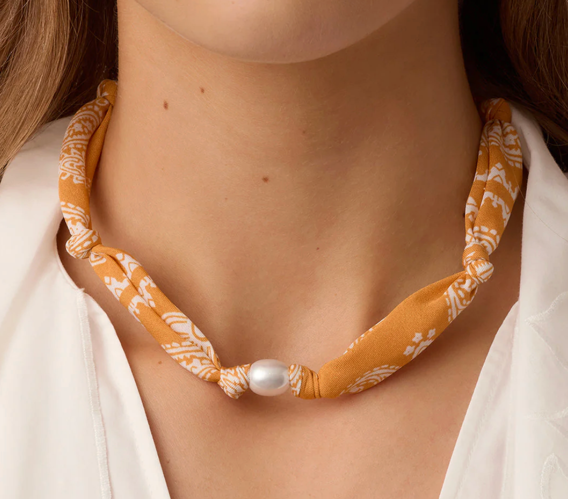 Paisley Bandana Pearl Necklace- Yellow/Gold