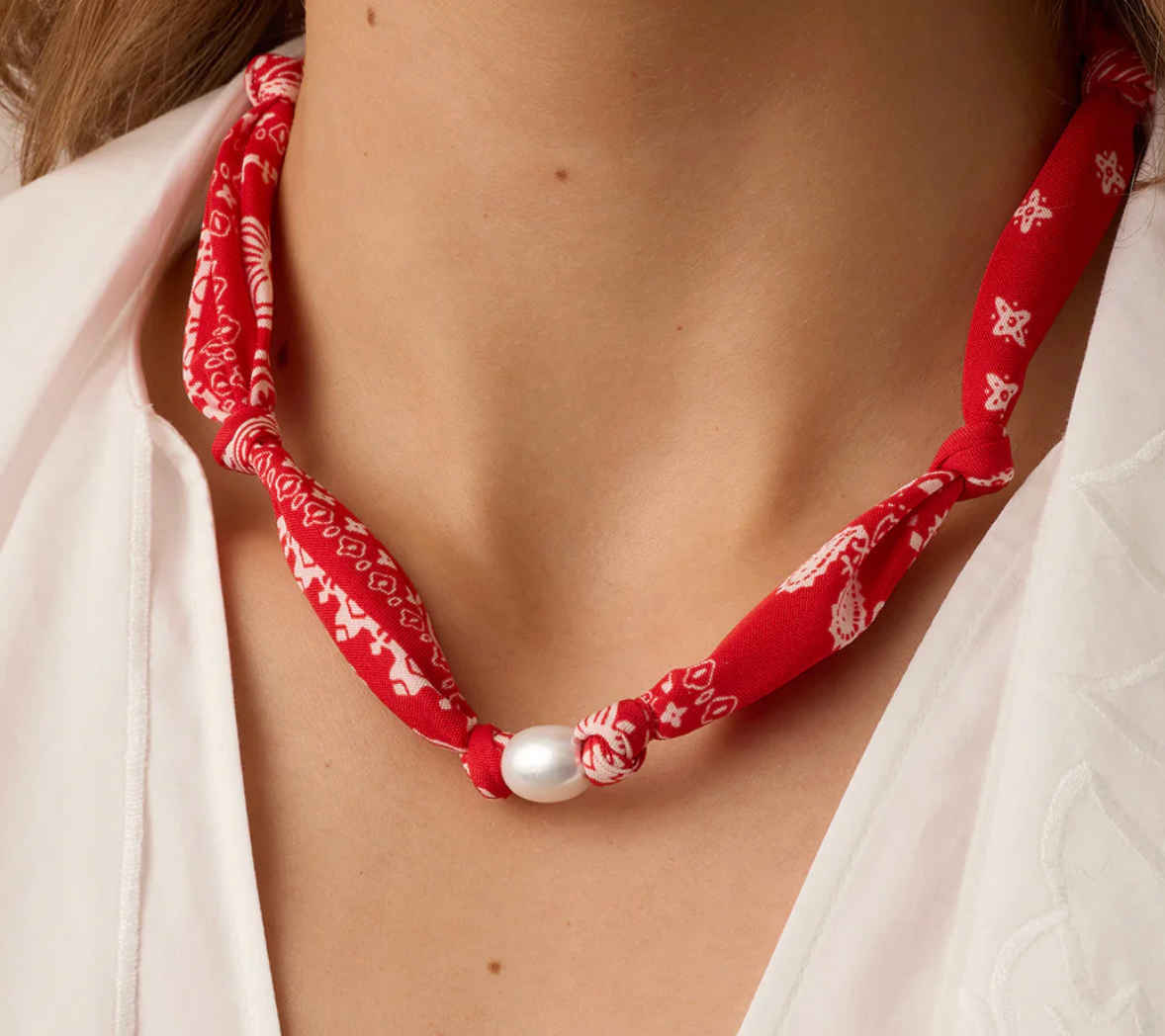 Paisley Bandana Pearl Necklace-Red/Gold