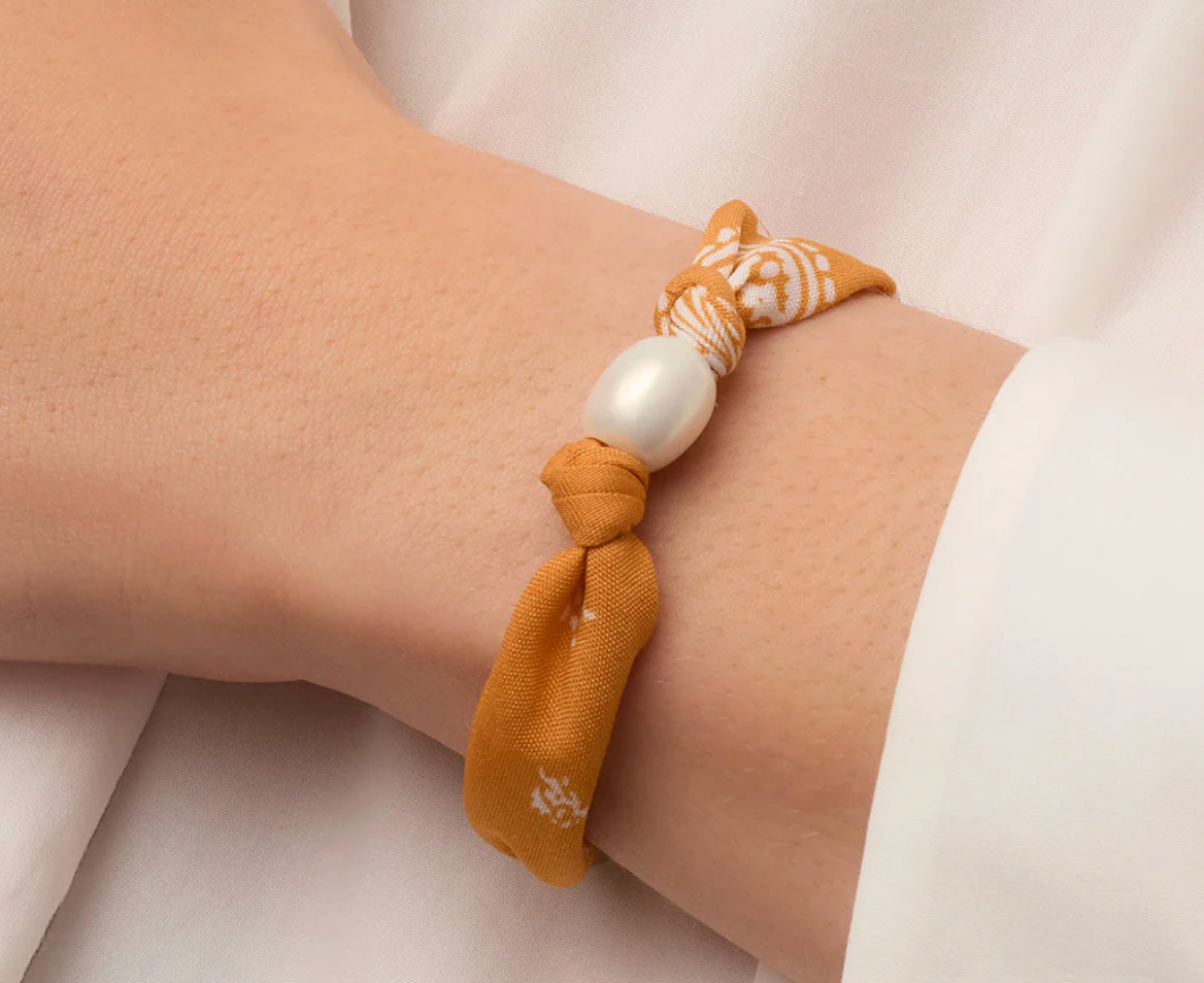 Paisley Bandana Pearl Bracelet-Yellow/Gold