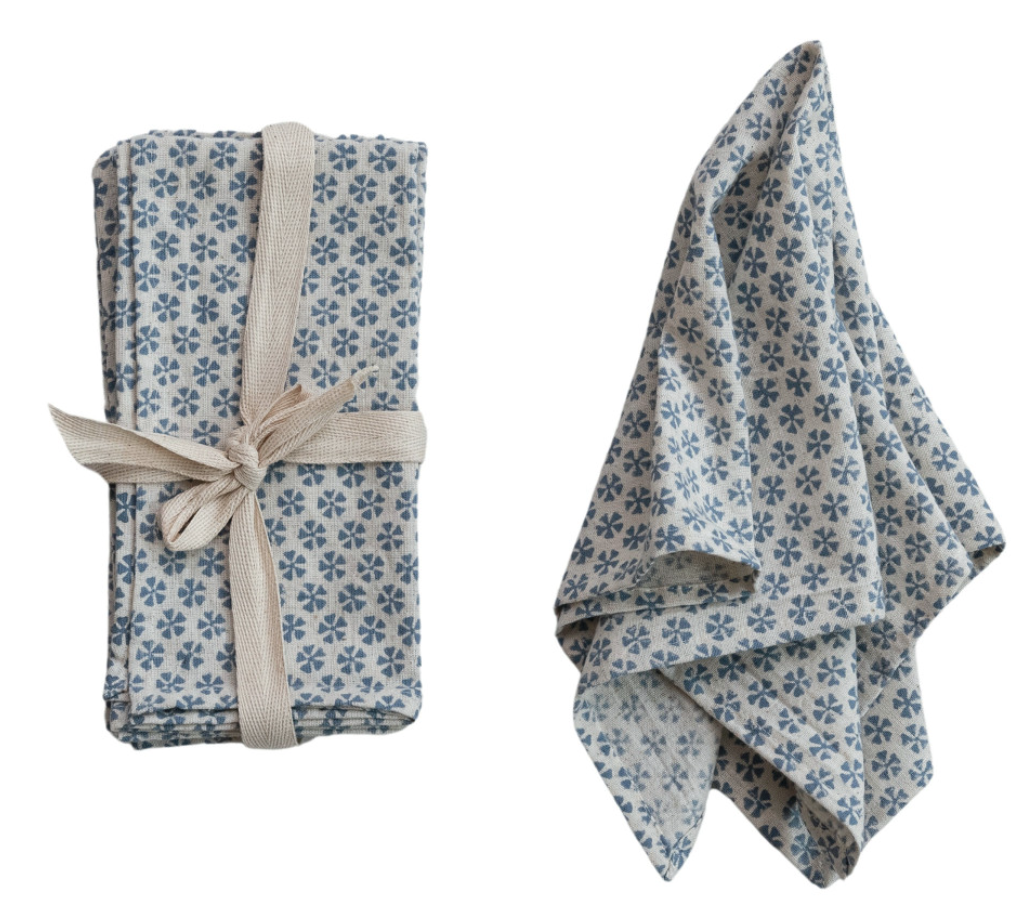 Cotton & Linen Napkins w/ Block Print Pattern, Set of 4
