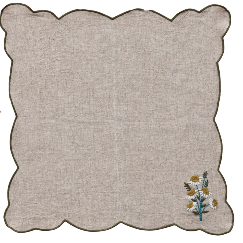 Scalloped Napkins with Contrasting Stitched Edges, Set of 4 Tied with Jute