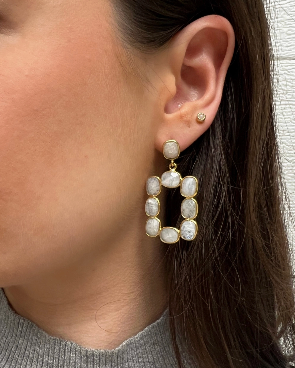 Moonstone Mini Rectangular Bezel Open Drop Earrings