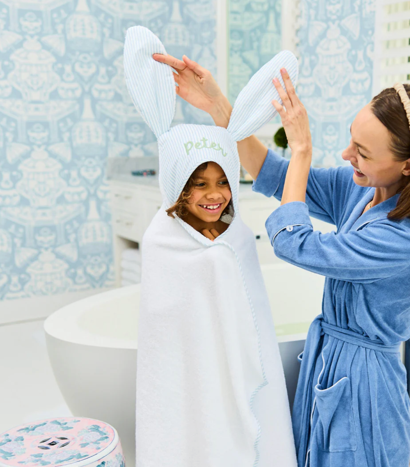 Percale Kids’ Bunny Hooded Towel- Light Blue Skinny Stripe