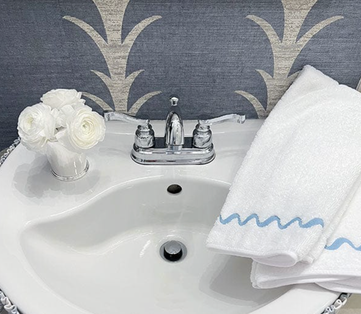 Wave Embroidered Hand Towels-Spa Blue Wave