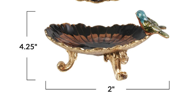 Enameled Metal Footed Jewelry Dish w/ 3D Birds, Gold Finish & Multi Color
