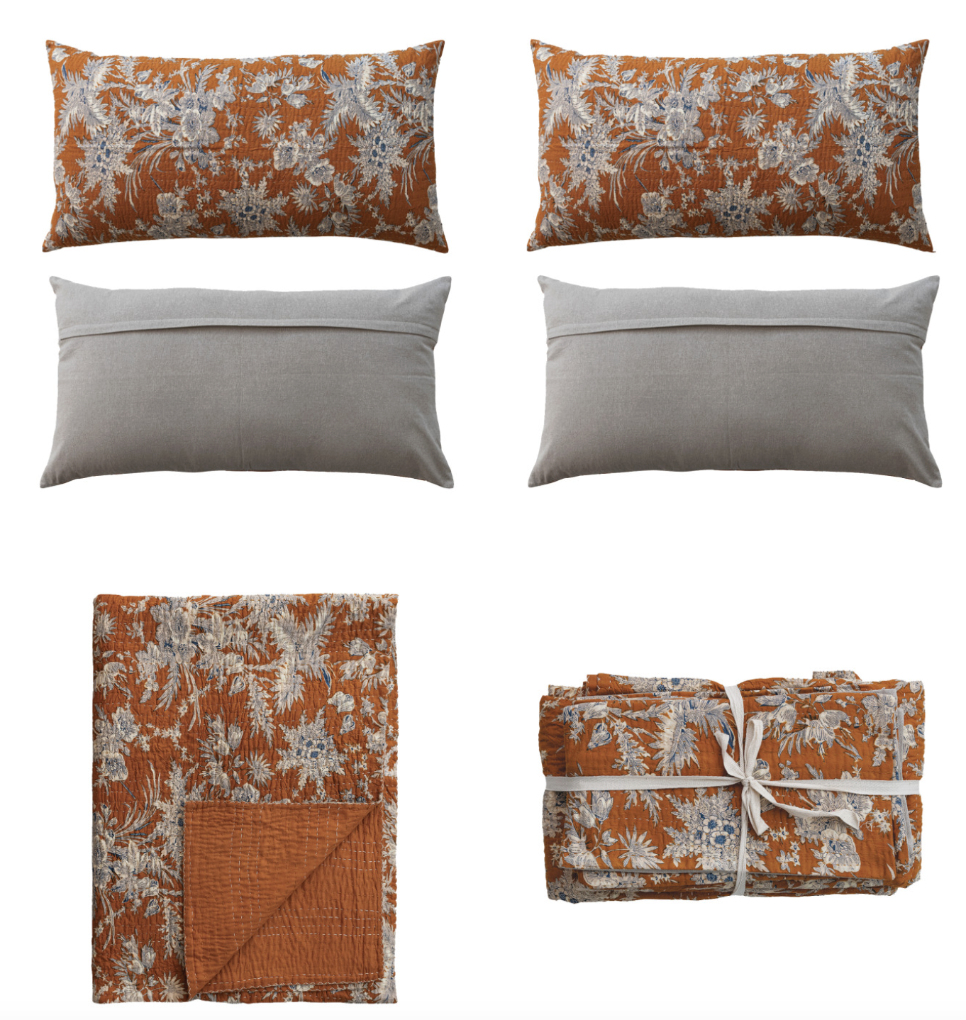Bed Cover with Embroidered Kantha Stitch & 2 King Shams, King, Set of 3 Tied with Cotton Tape