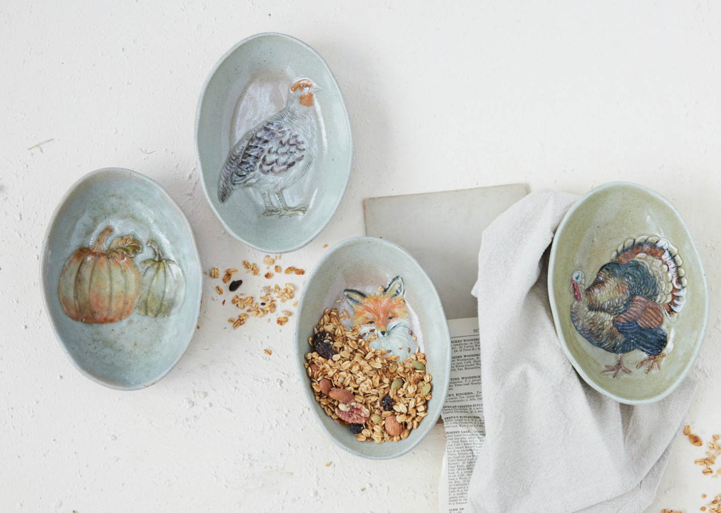 Hand-Painted Stoneware Dish with Animal/Pumpkins, 4 Styles (Each One Will Vary)