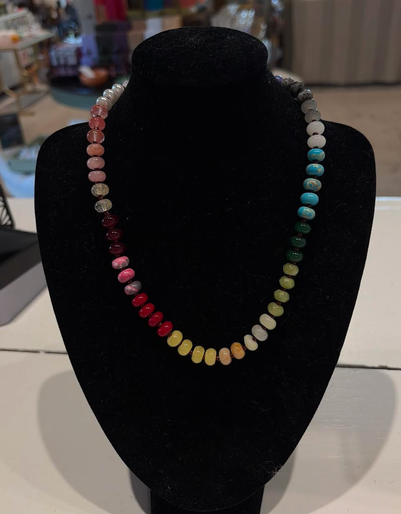 Beaded Gem Stone Necklace - Turquoise, Green and Wine