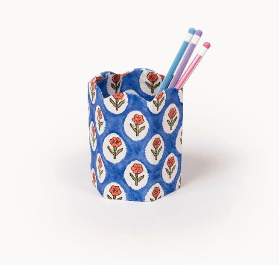 Block Print Pen Holder - Cobalt Marigold (Collapsible)