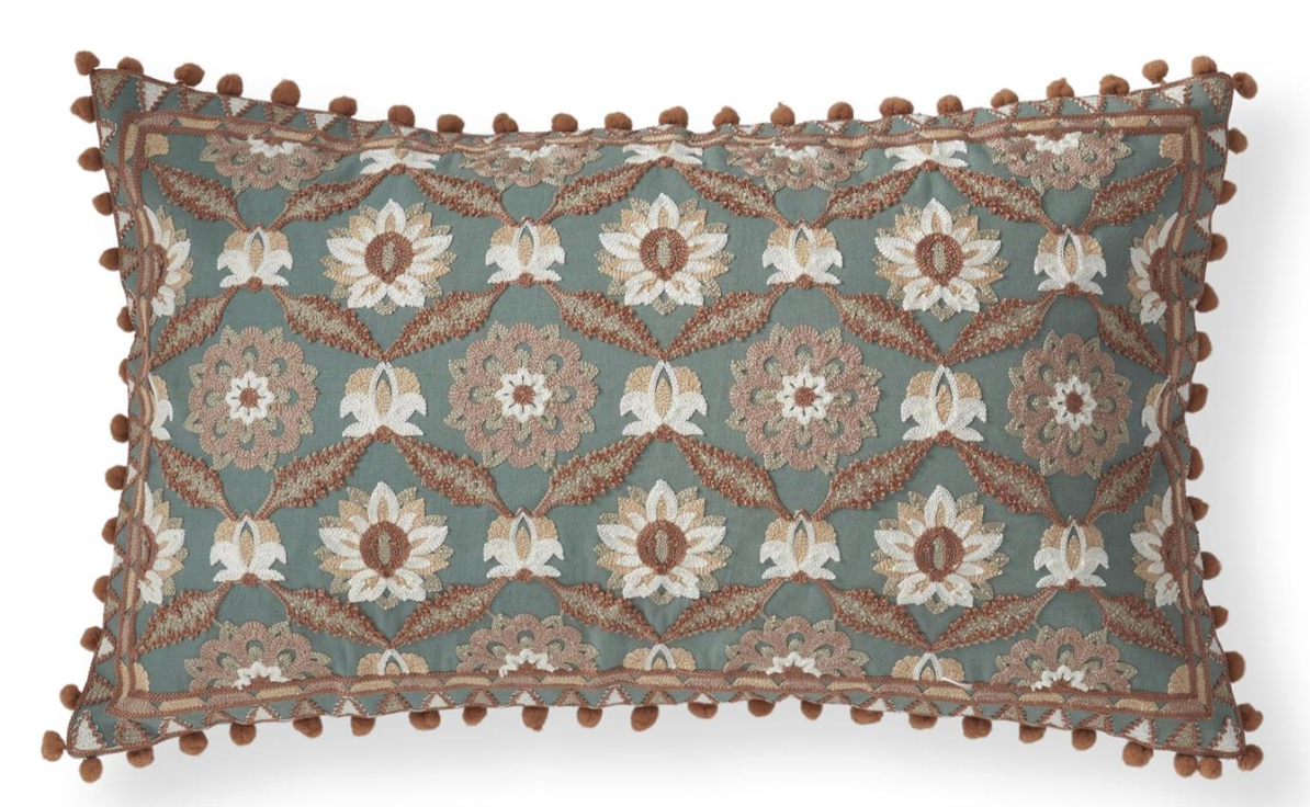 24 Inch Teal & Pink Floral Embroidered Lumbar Pillow w/Poly Fiber Fill