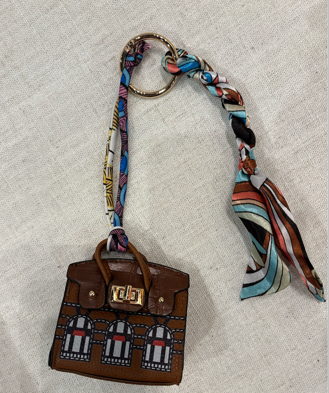 Bag Charm-Mini Designer Bag w/ Scarf- Brown