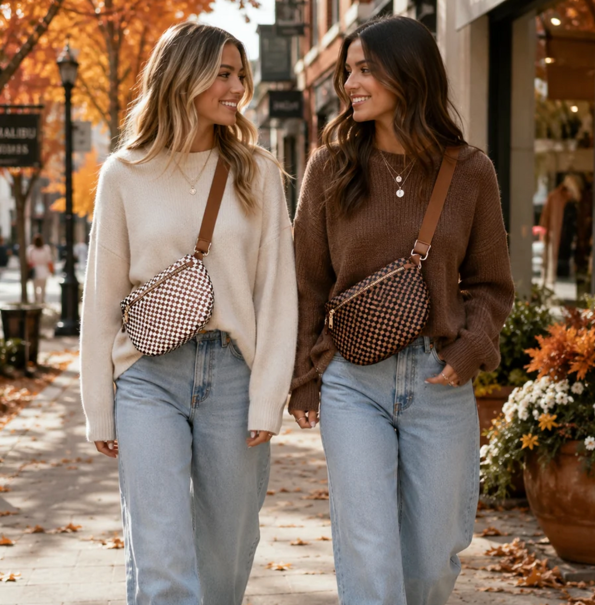 Checkered Crossbody Bags- Camel & White