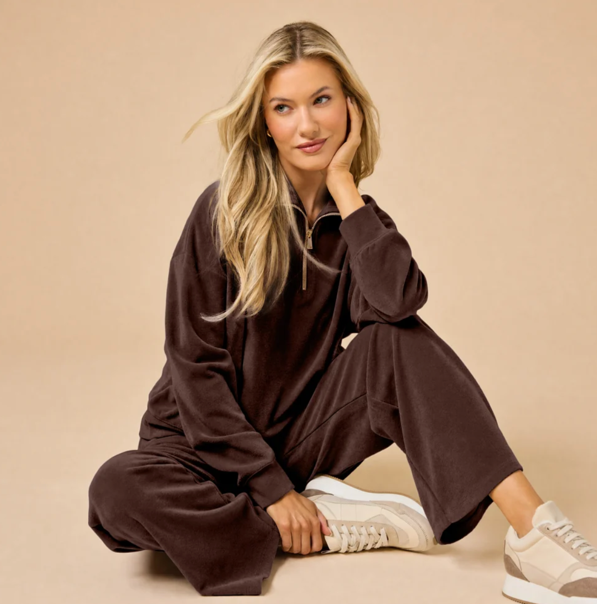 Serenity 1/4 Zip Top with Wide Pant Lounge Set-Espresso