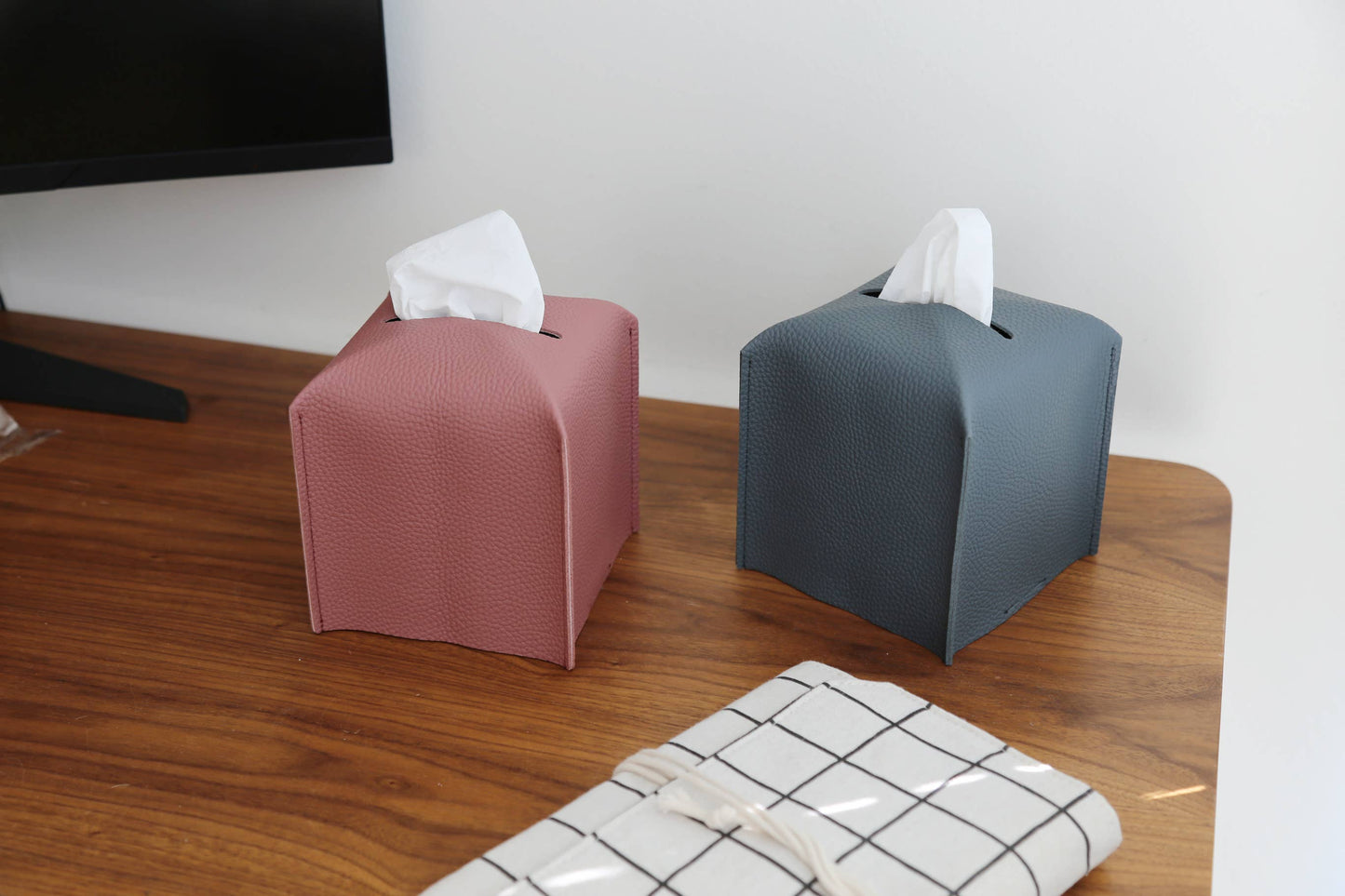 Vegan Leather Tissue Box Cover - Square: Blue