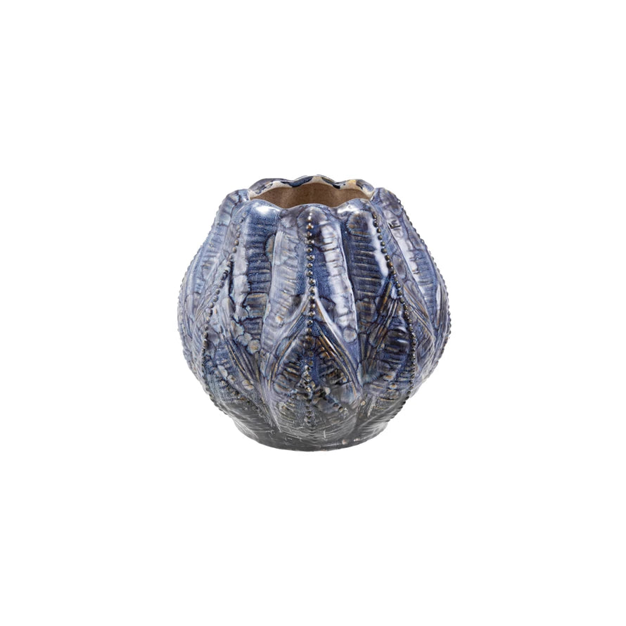 Embossed Stoneware Planter/Vase, Reactive Glaze, Blue (Each One Will Vary)