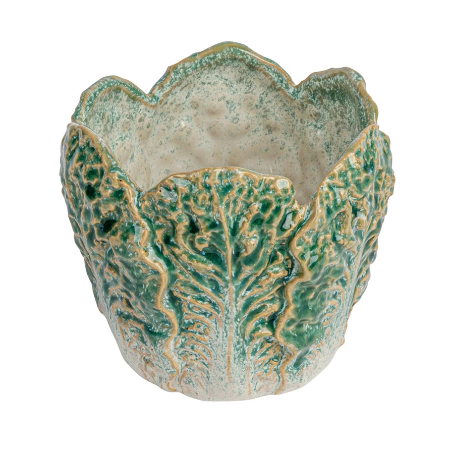 Stoneware Cabbage Shaped Planter (Holds 4" Pot) (Each One Will Vary)