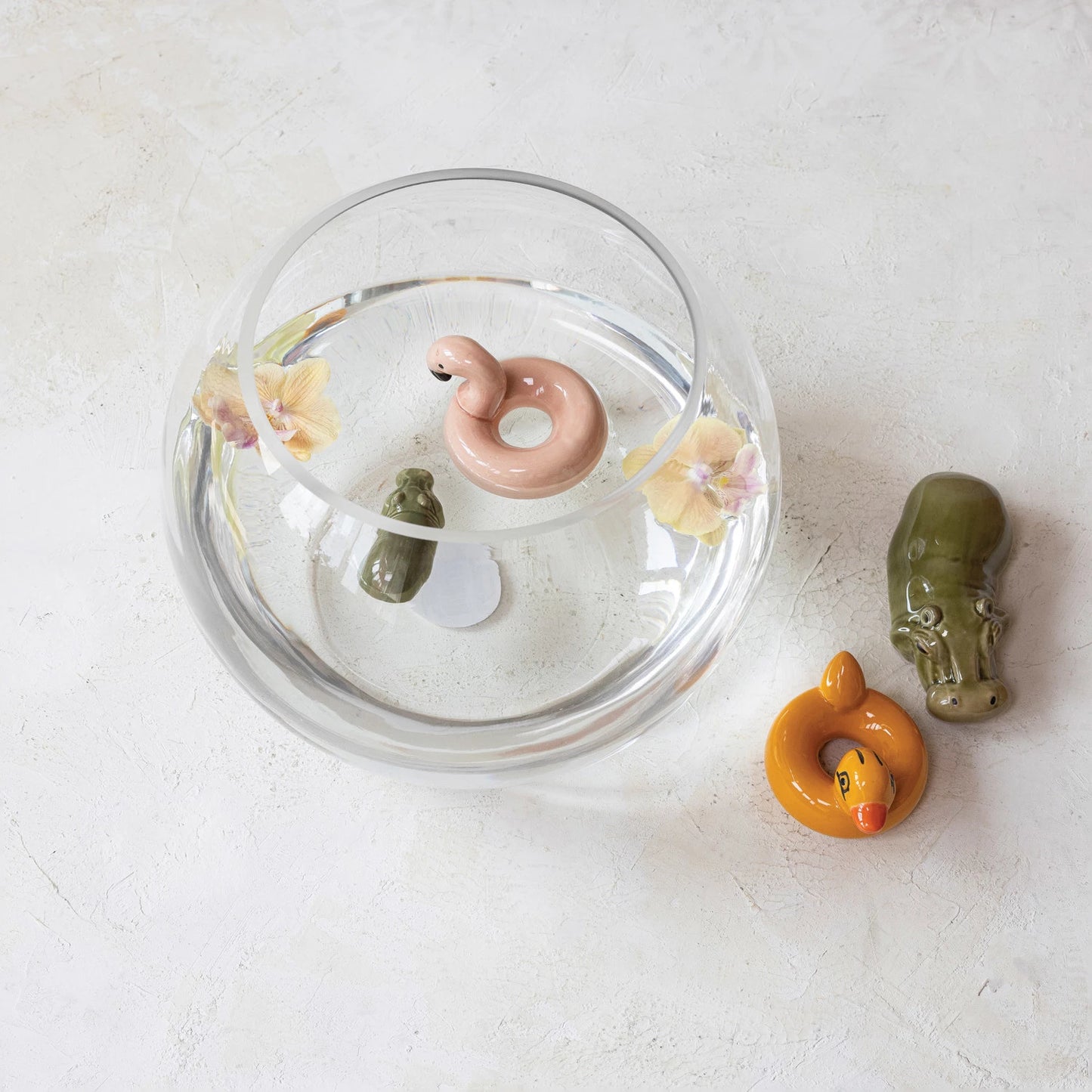 Hand-Painted Stoneware Floating Flamingo/Duck Pool Float, 2 Styles