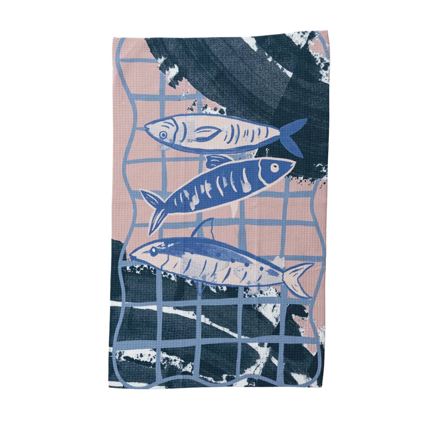 Printed Recycled Microfibre Tea Towel w/ Fish in Net Image