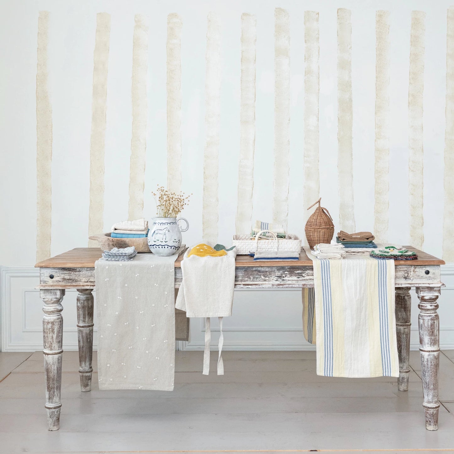 Cotton Table Runner w/ Embroidered Flowers, Natural & White