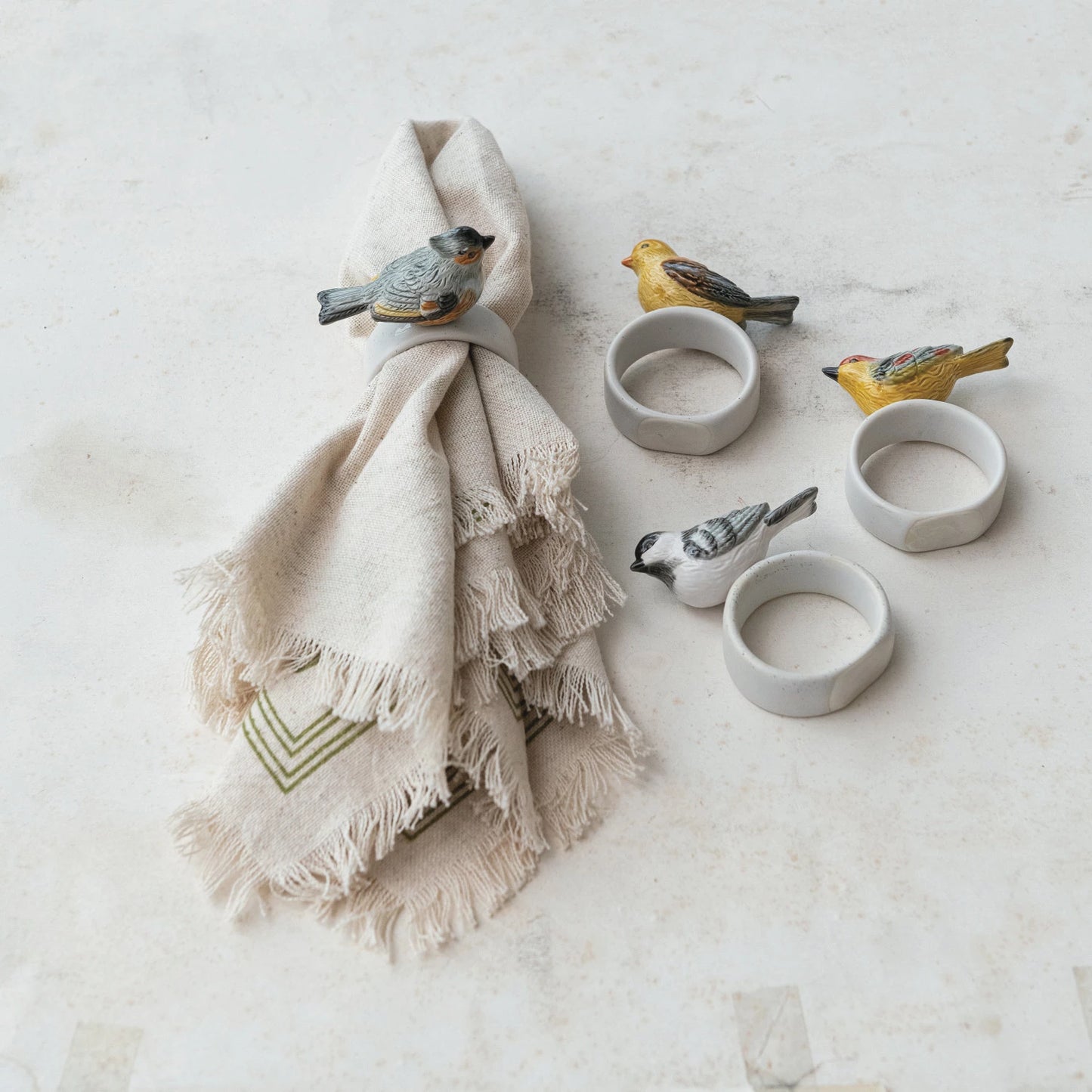 Stoneware Napkin Ring w/ Perched Bird, 3 Styles