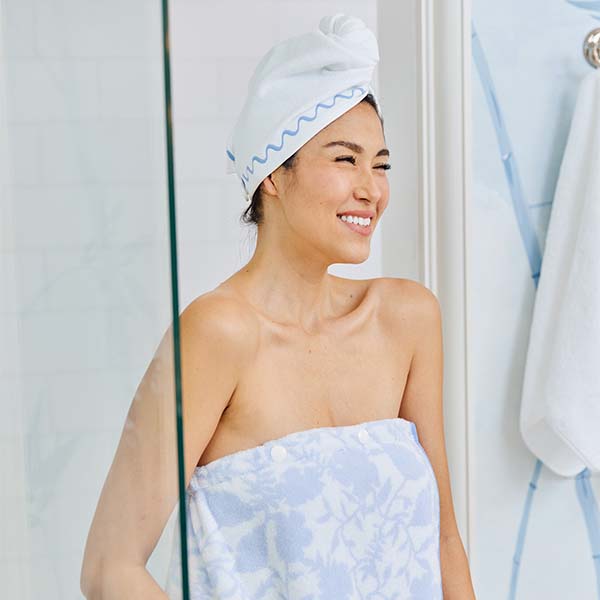 Hair Towel- French Blue Embroidered Wave