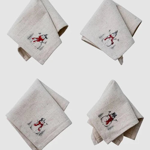 Cocktail Napkins with Snowman & Bird Image, Natural, Set of 4