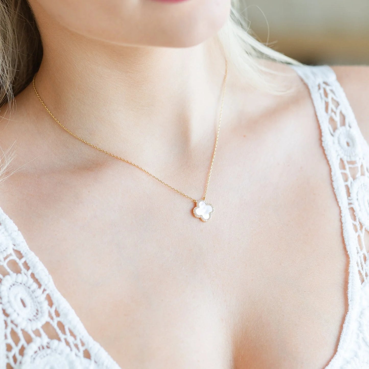 Good Fortune, Shell Pave Quatrefoil Necklace