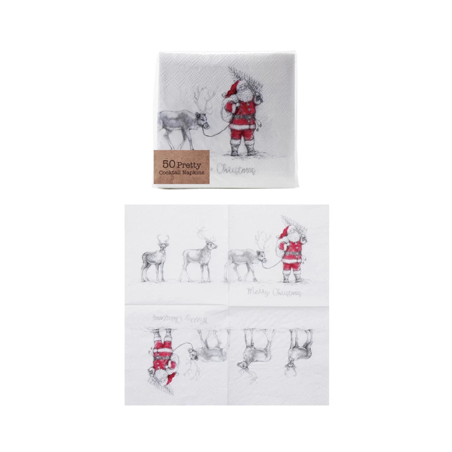 Paper Cocktail Napkins with Santa Leading Reindeer Image (50 Pieces)