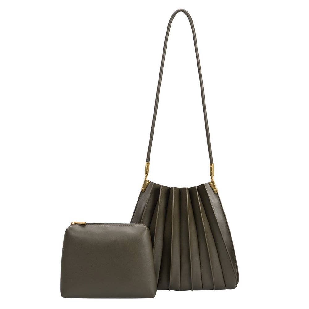 Carrie Olive Pleated Vegan Lthr Shoulder Bag