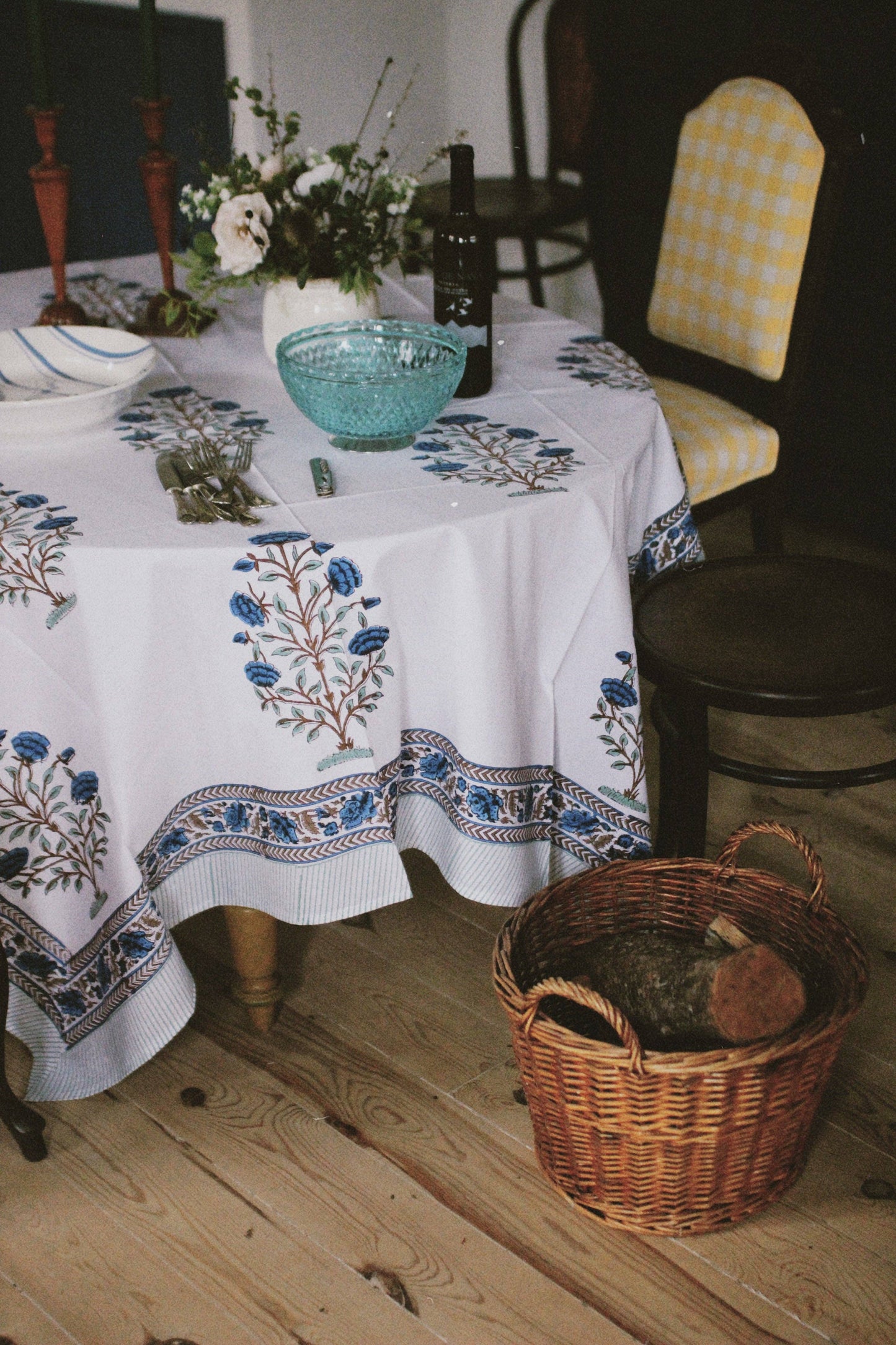 Floral Block Print Tablecloth- White and Blue